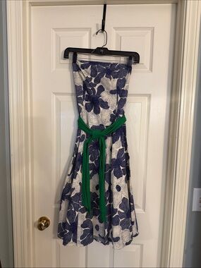 Tabitha Navy Floral Strapless Dress with Green Sash
